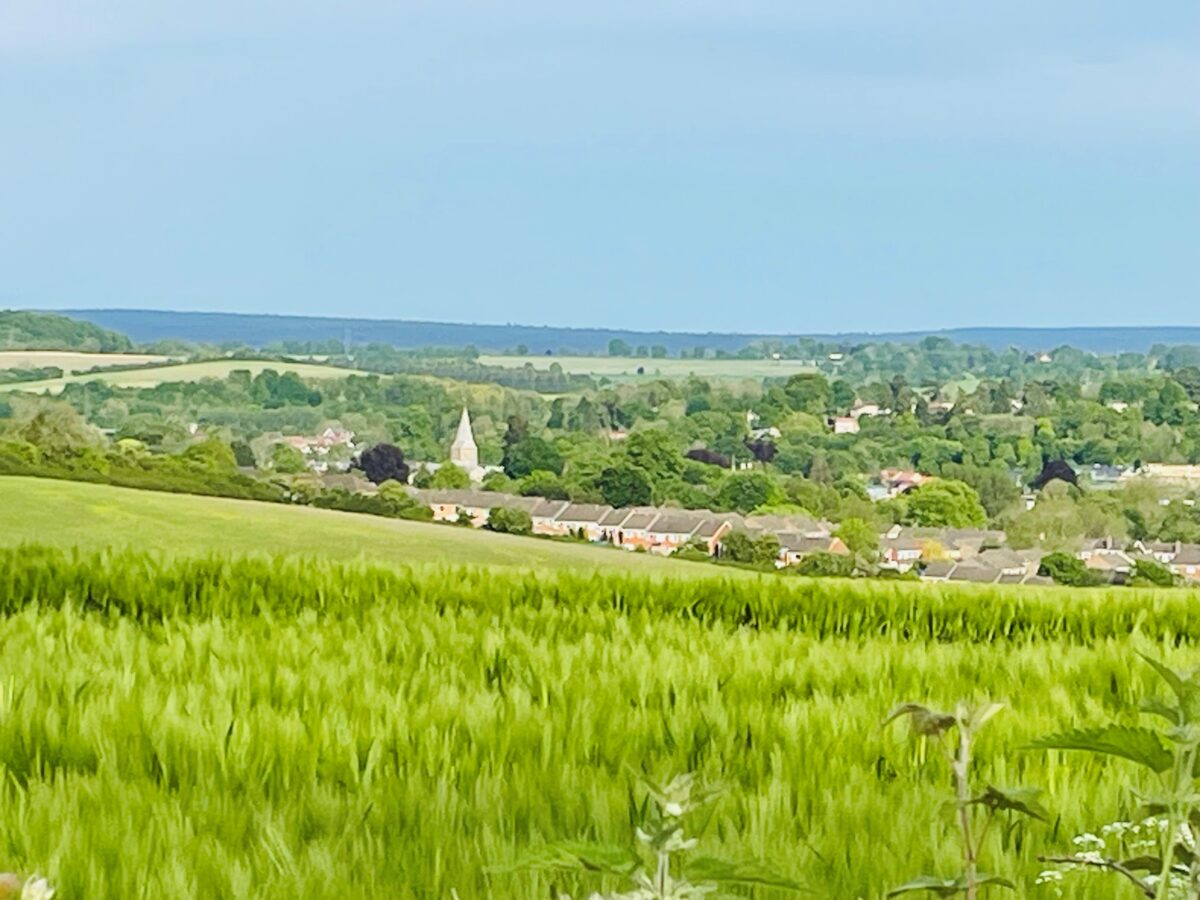 Fields in the foreground with a village seen further back.